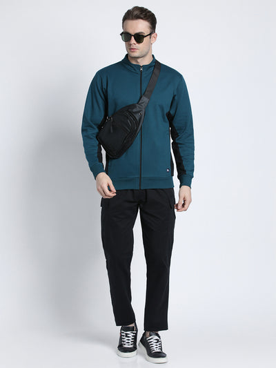 Men's Mock Neck Regular Fit Panelling Teal Sweatshirt