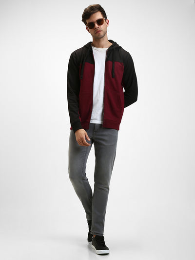 Men's Maroon Colorblock Front-Open Hooded Sweatshirt