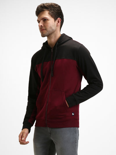 Men's Maroon Colorblock Front-Open Hooded Sweatshirt