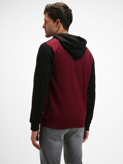 Men's Maroon Colorblock Front-Open Hooded Sweatshirt