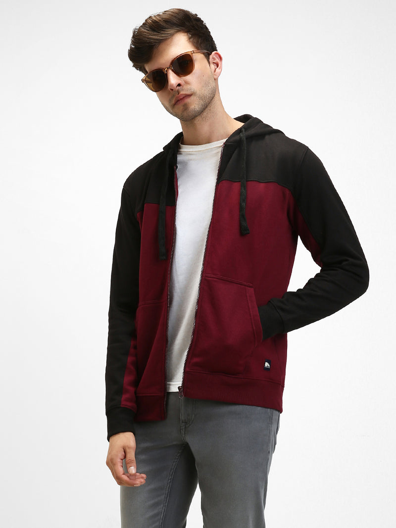 Men's Maroon Colorblock Front-Open Hooded Sweatshirt