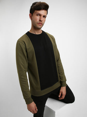 Men's Mock Neck Regular Fit Colourblock Olive Sweatshirt