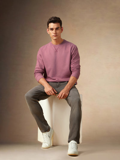 Men's Dusty Pink Solid Crew Neck Full Sleeves Sweatshirt