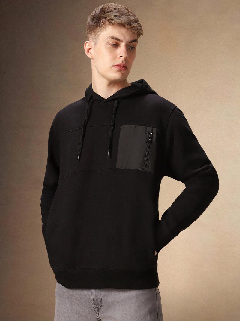 Men's Solid Black Full Sleeves Hooded Hoodie