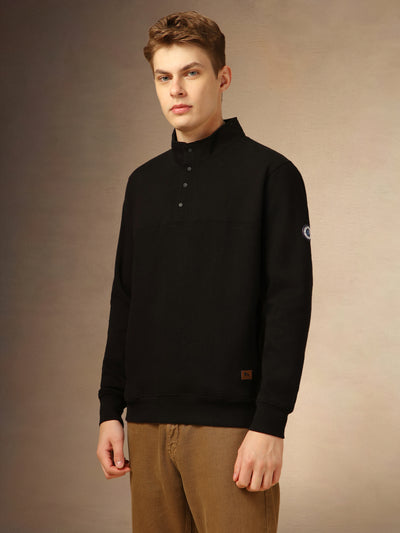 Men's Black Solid Mock Collar Full Sleeves Sweatshirt