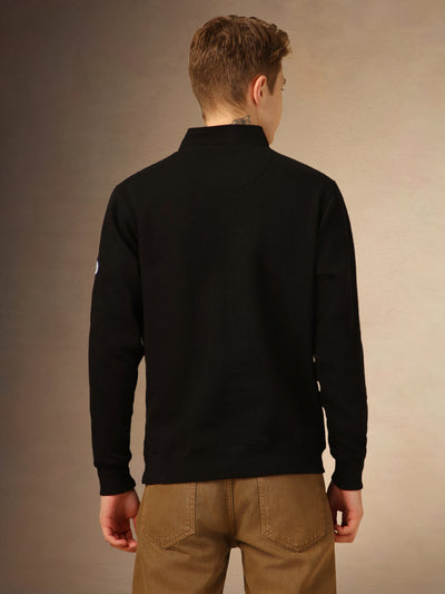 Men's Black Solid Mock Collar Full Sleeves Sweatshirt