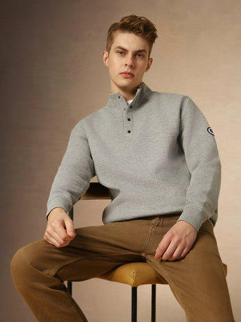 Men's Grey Mock Neck Full Sleeves Relaxed Fit Sweatshirt