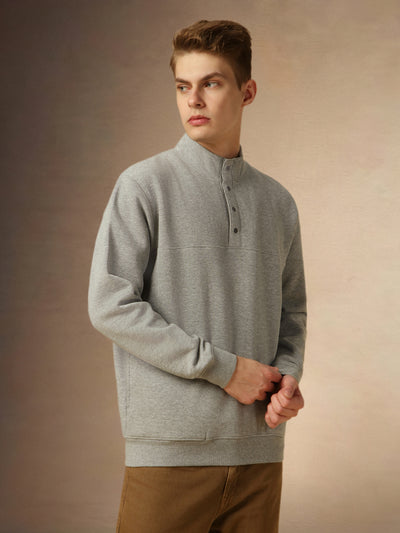 Men's Grey Mock Neck Full Sleeves Relaxed Fit Sweatshirt