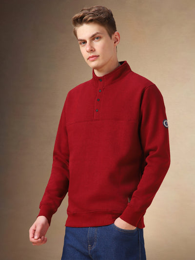 Men's Maroon Solid Mock Neck Full Sleeves Sweatshirt