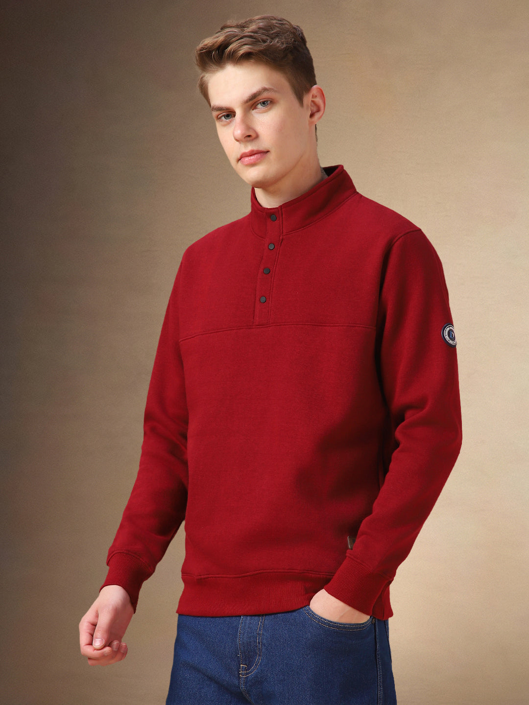 Men's Maroon Solid Mock Neck Full Sleeves Sweatshirt