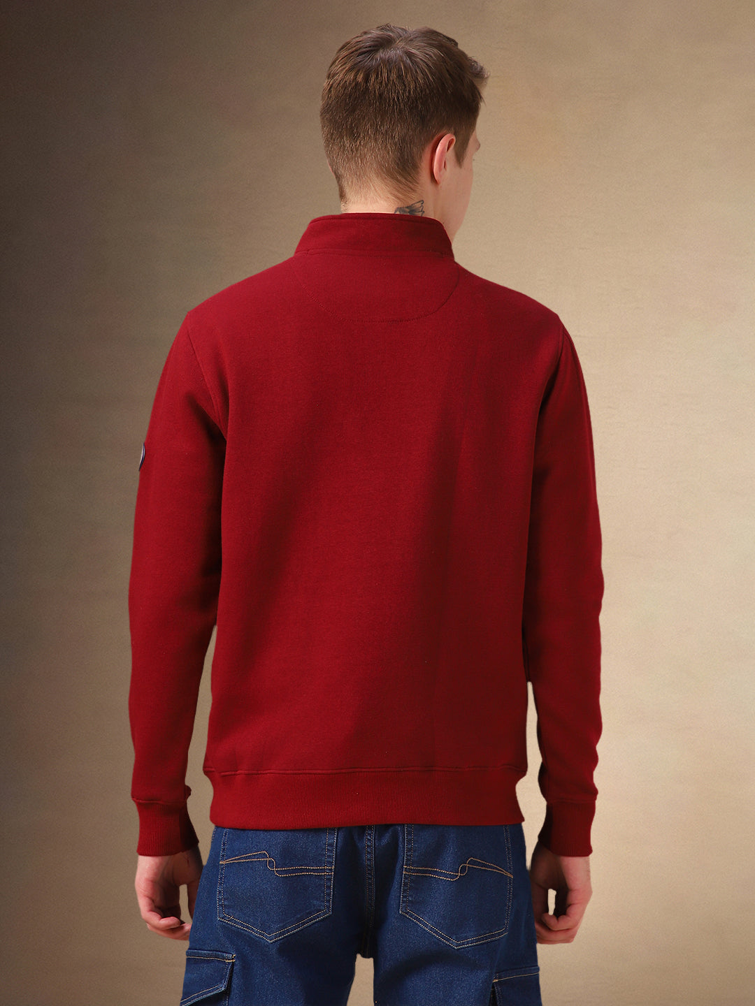 Men's Maroon Solid Mock Neck Full Sleeves Sweatshirt