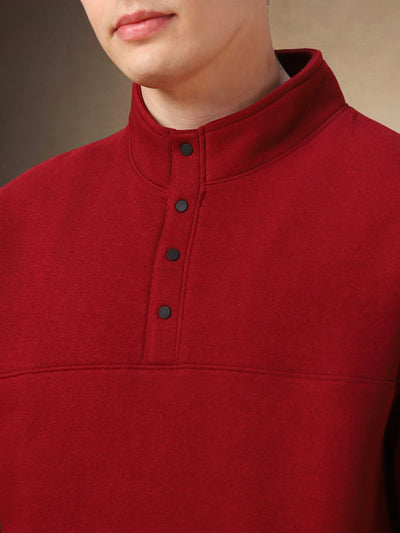 Men's Maroon Solid Mock Neck Full Sleeves Sweatshirt