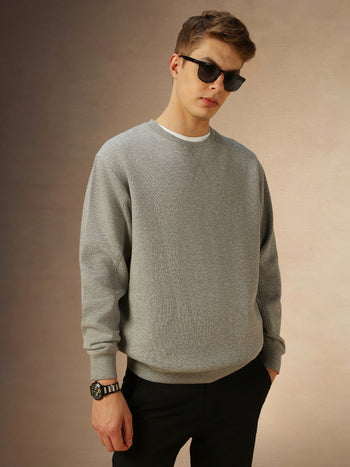 Men's Grey Solid Crew Neck Full Sleeves Sweatshirt