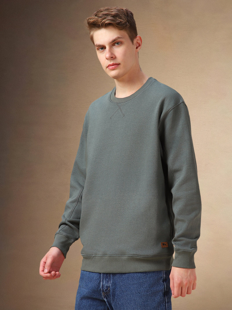 Men's Olive Solid Crew Neck Full Sleeves Sweatshirt