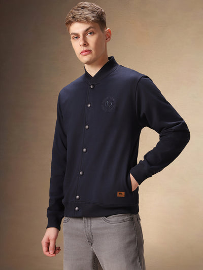 Men's Navy Blue Solid Rib Collar Full Sleeves Sweatshirt