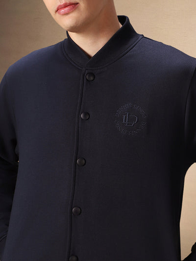 Men's Navy Blue Solid Rib Collar Full Sleeves Sweatshirt