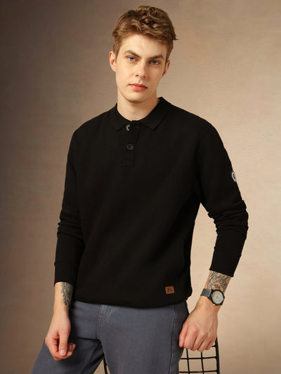 Men's Black Solid Polo Collar Full Sleeves Sweatshirt