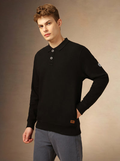 Men's Black Solid Polo Collar Full Sleeves Sweatshirt