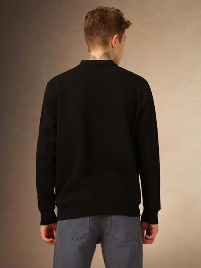 Men's Black Solid Polo Collar Full Sleeves Sweatshirt