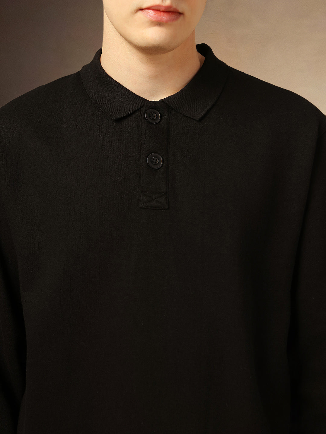 Men's Black Solid Polo Collar Full Sleeves Sweatshirt