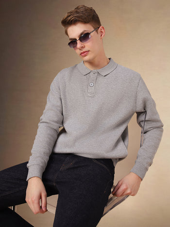 Men's Grey Solid Polo Collar Full Sleeves Sweatshirt