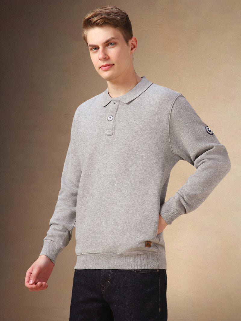 Men's Grey Solid Polo Collar Full Sleeves Sweatshirt