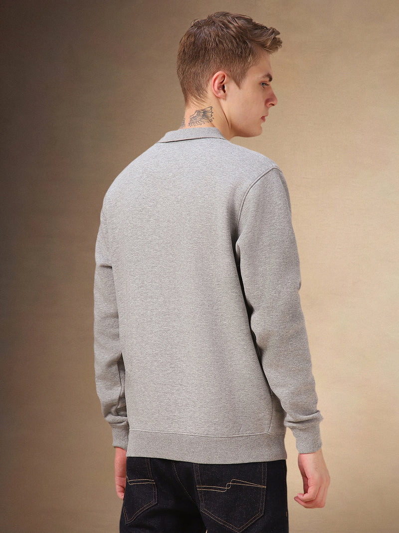 Men's Grey Solid Polo Collar Full Sleeves Sweatshirt