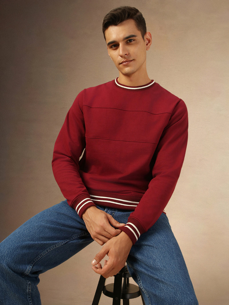 Men's Maroon Solid Crew Neck Full Sleeves Sweatshirt