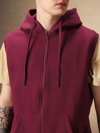 Men's Solid Maroon Hooded Sleeveless Hoodie