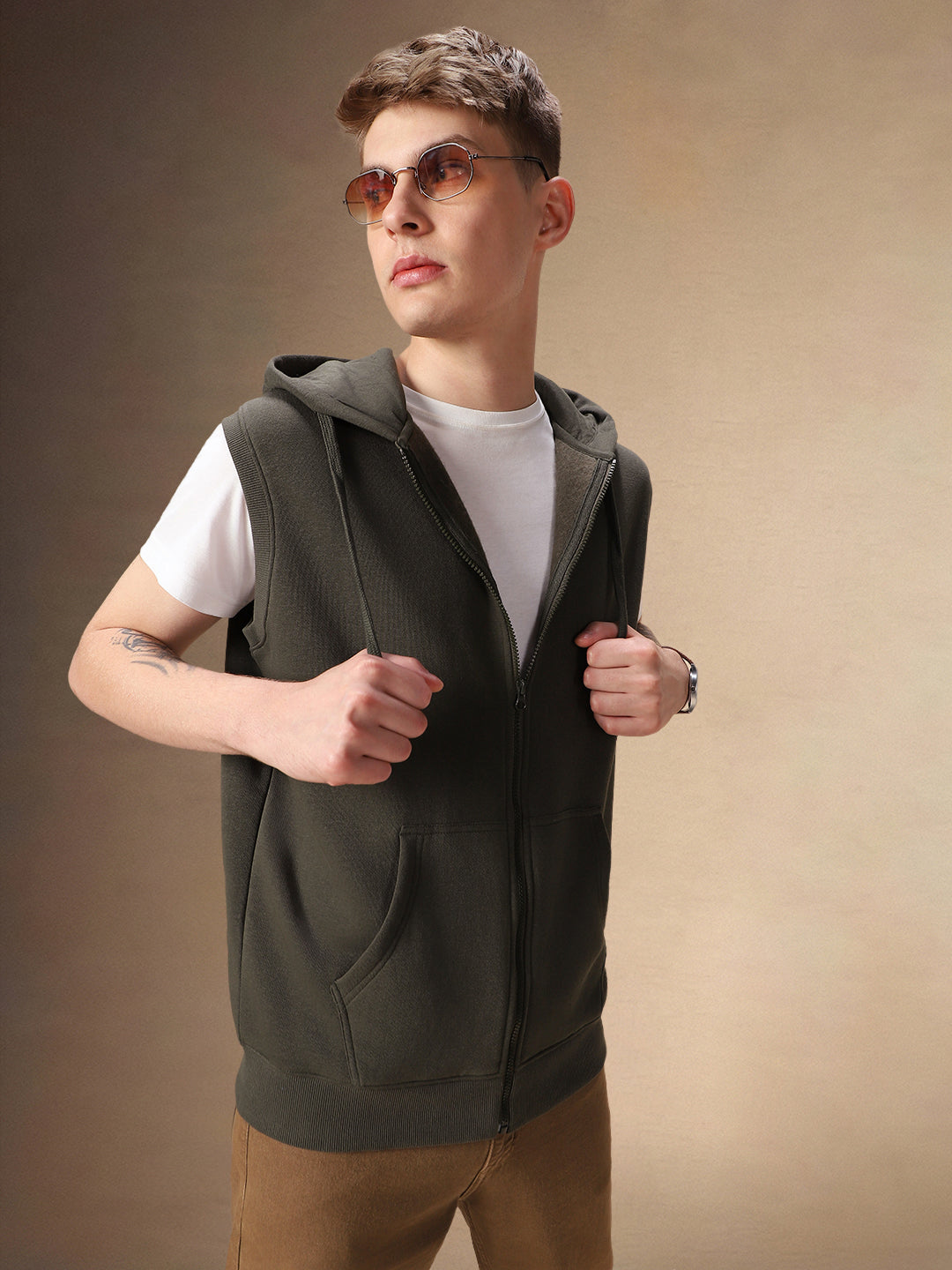 Men's Solid Olive Hooded Sleeveless Hoodie