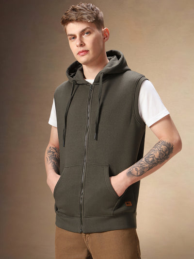 Men's Solid Olive Hooded Sleeveless Hoodie