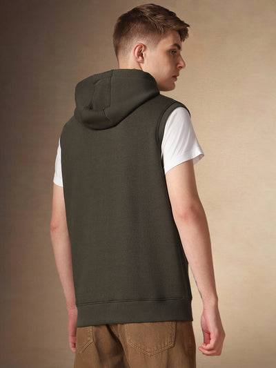 Men's Solid Olive Hooded Sleeveless Hoodie