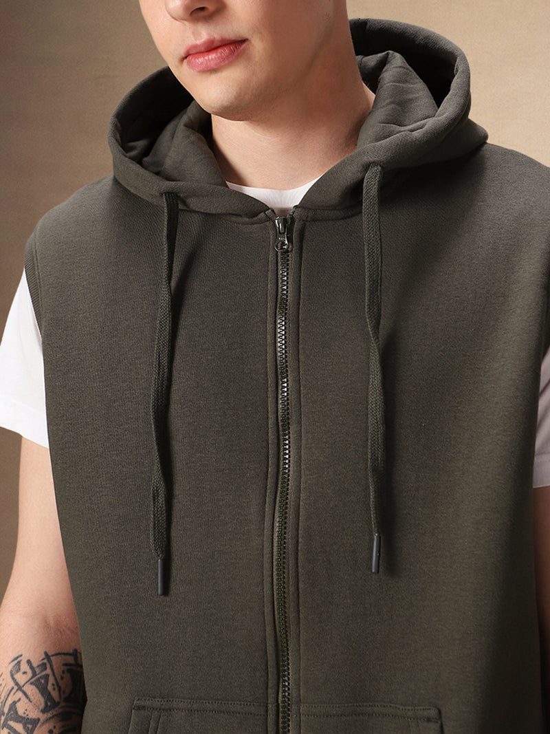 Men's Solid Olive Hooded Sleeveless Hoodie