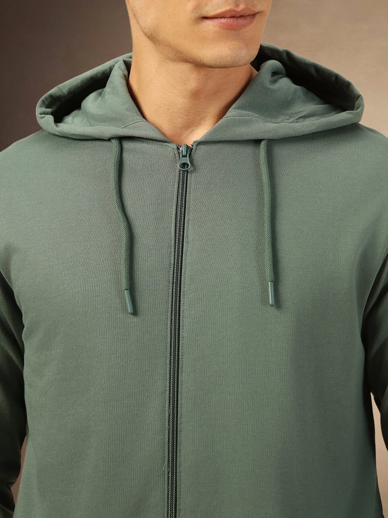 Men's Olive Full Sleeves Hooded Front-open Hoodie