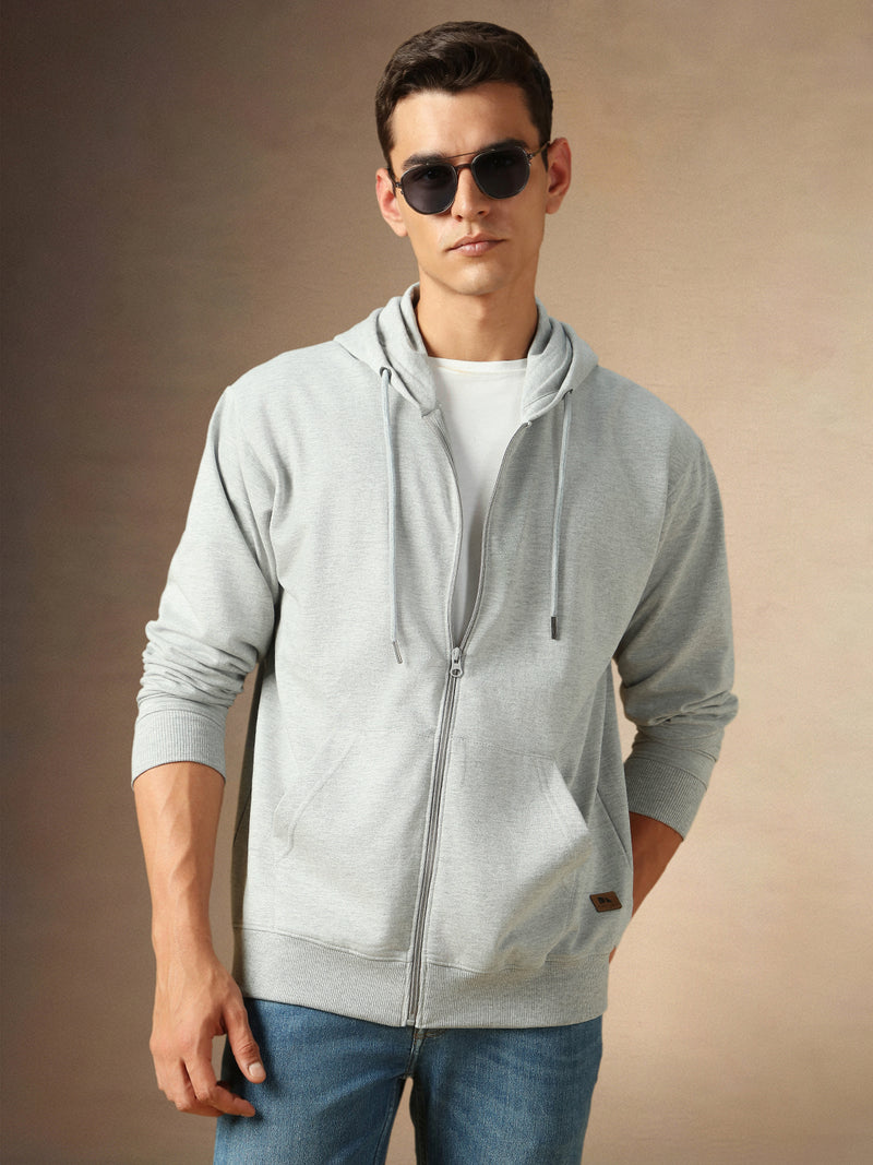 Men's Solid Grey Full Sleeves Front Open Hooded Hoodie