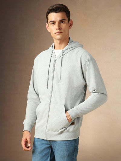 Men's Solid Grey Full Sleeves Front Open Hooded Hoodie