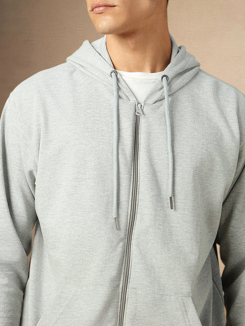 Men's Solid Grey Full Sleeves Front Open Hooded Hoodie