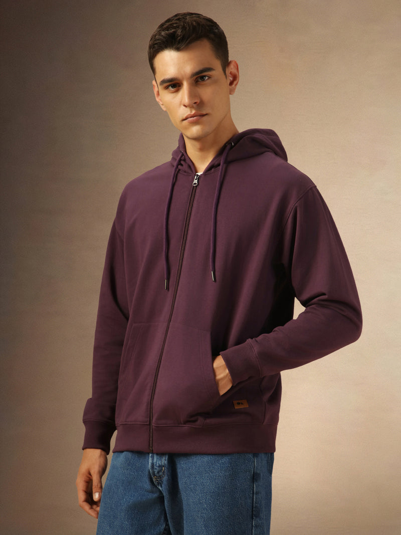 Men's Solid Plum Full Sleeves Front Open Hooded Hoodie