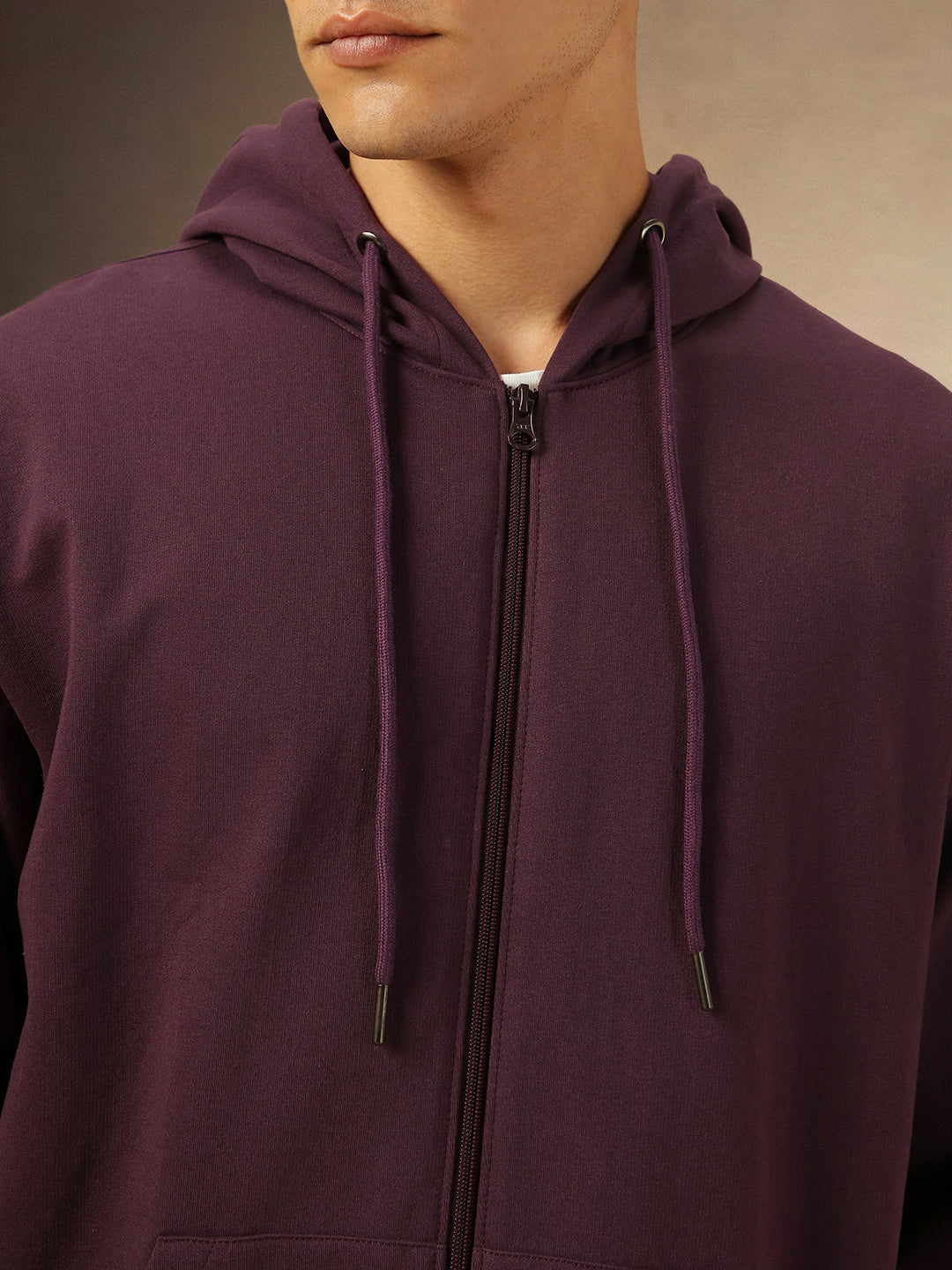 Men's Solid Plum Full Sleeves Front Open Hooded Hoodie