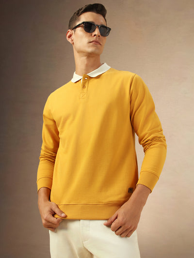 Men's Solid Mustard Polo collar Full Sleeves Sweatshirt