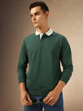 Men's Solid Teal Full Sleeves Polo collar Sweatshirt