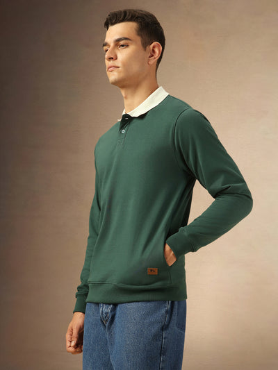 Men's Solid Teal Full Sleeves Polo collar Sweatshirt