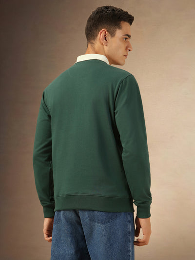 Men's Solid Teal Full Sleeves Polo collar Sweatshirt