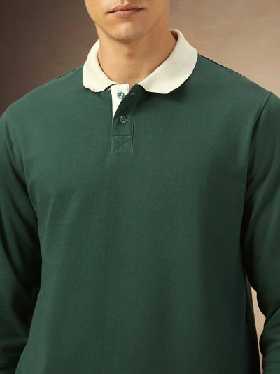 Men's Solid Teal Full Sleeves Polo collar Sweatshirt