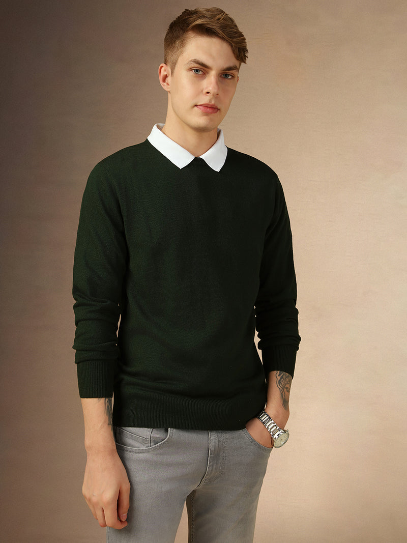 Men's Dark Green Crew Neck Full Sleeves Slim Fit Pullover Sweater