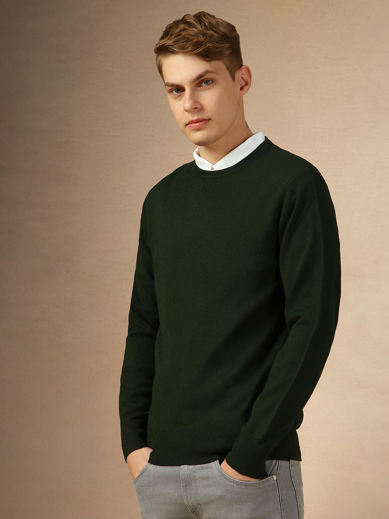 Men's Dark Green Crew Neck Full Sleeves Slim Fit Pullover Sweater