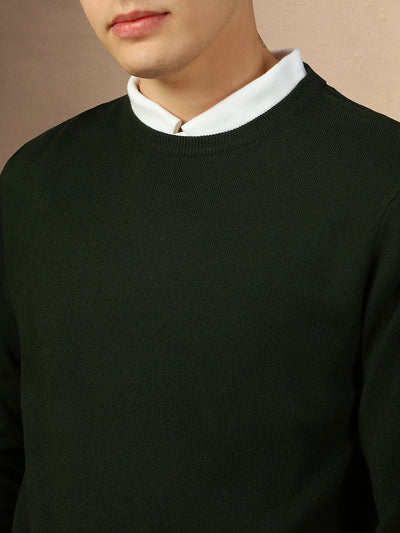 Men's Dark Green Crew Neck Full Sleeves Slim Fit Pullover Sweater