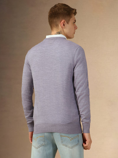 Men's Lavender Crew Neck Full Sleeves Slim Fit Pullover Sweater