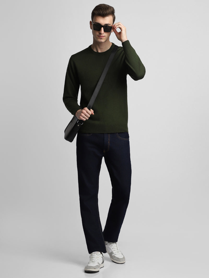 Men's Olive Solid Acrylic Pullover sweater