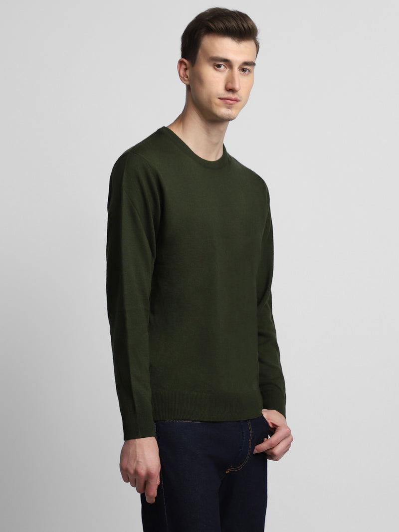 Men's Olive Solid Acrylic Pullover sweater